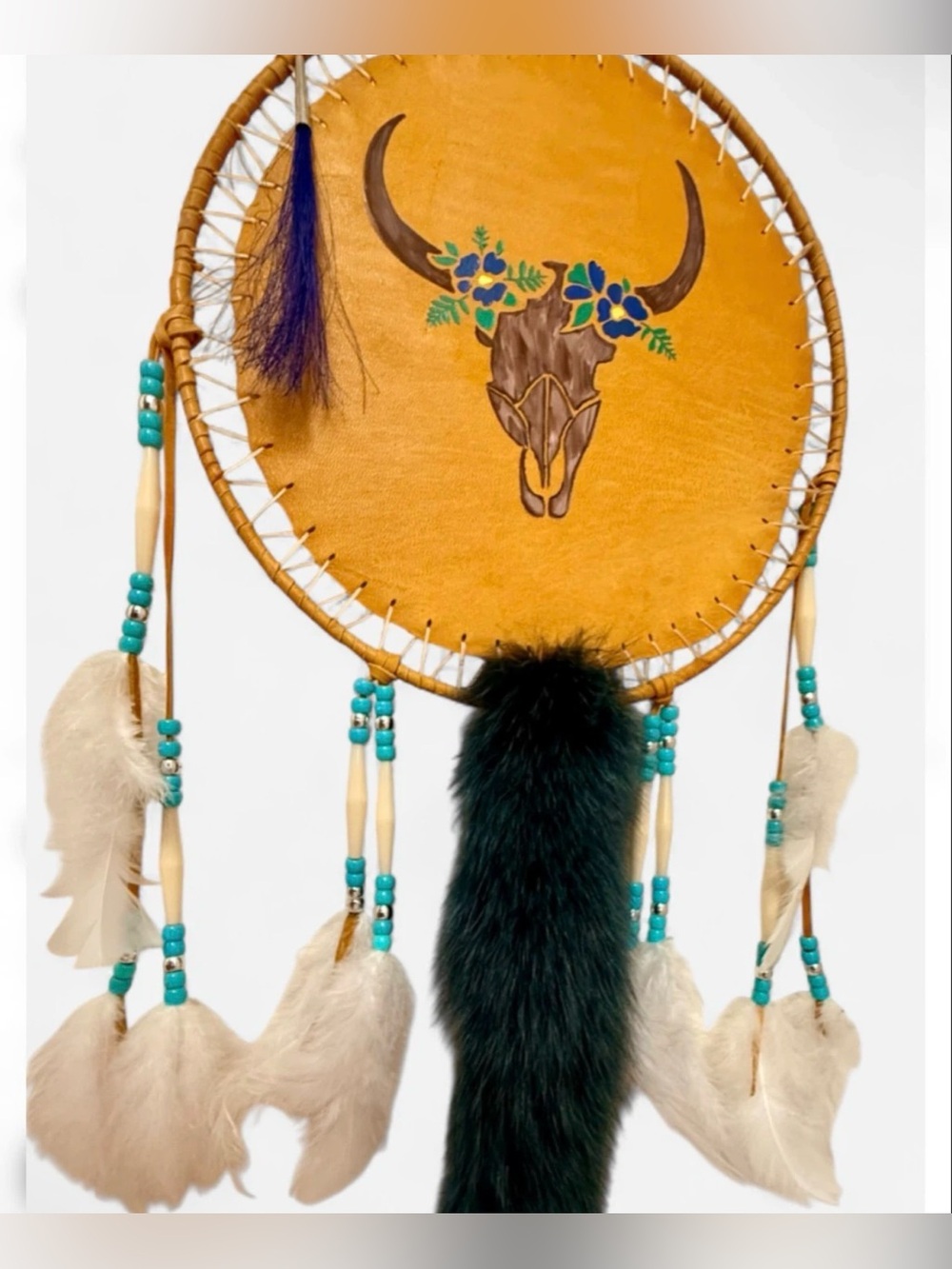 Handmade Indigenous Painted Dream Catcher with Dyed Fox Fur Tail & Horse Hair